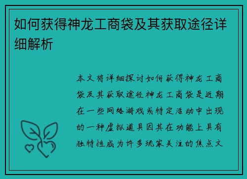 如何获得神龙工商袋及其获取途径详细解析